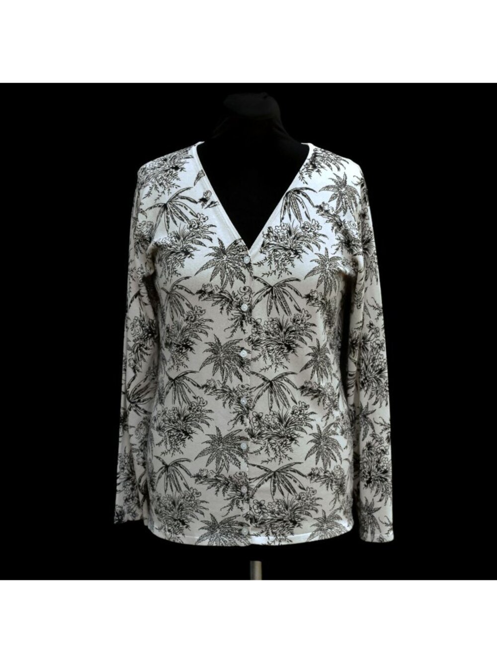 SML Design Silk Cardigan Sweater XL Tan Black Tropical Palm Tree Print V-Neck